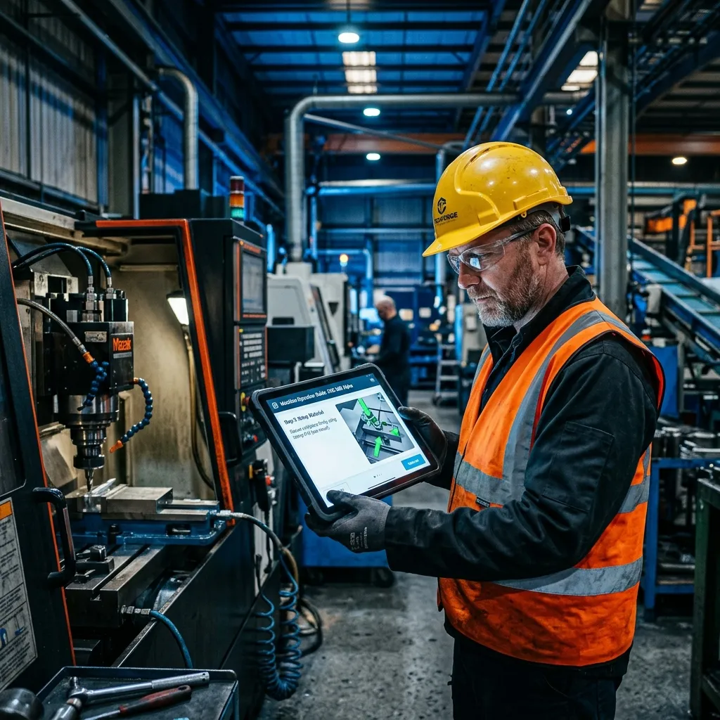 Industrial worker assisted by AI on the factory floor