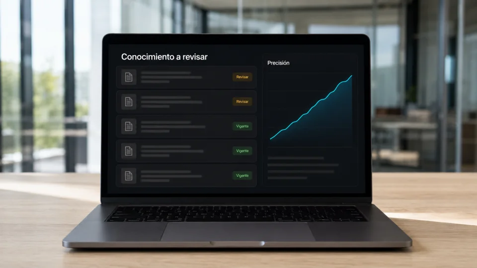 Senda panel showing documents flagged for knowledge review alongside a rising accuracy curve