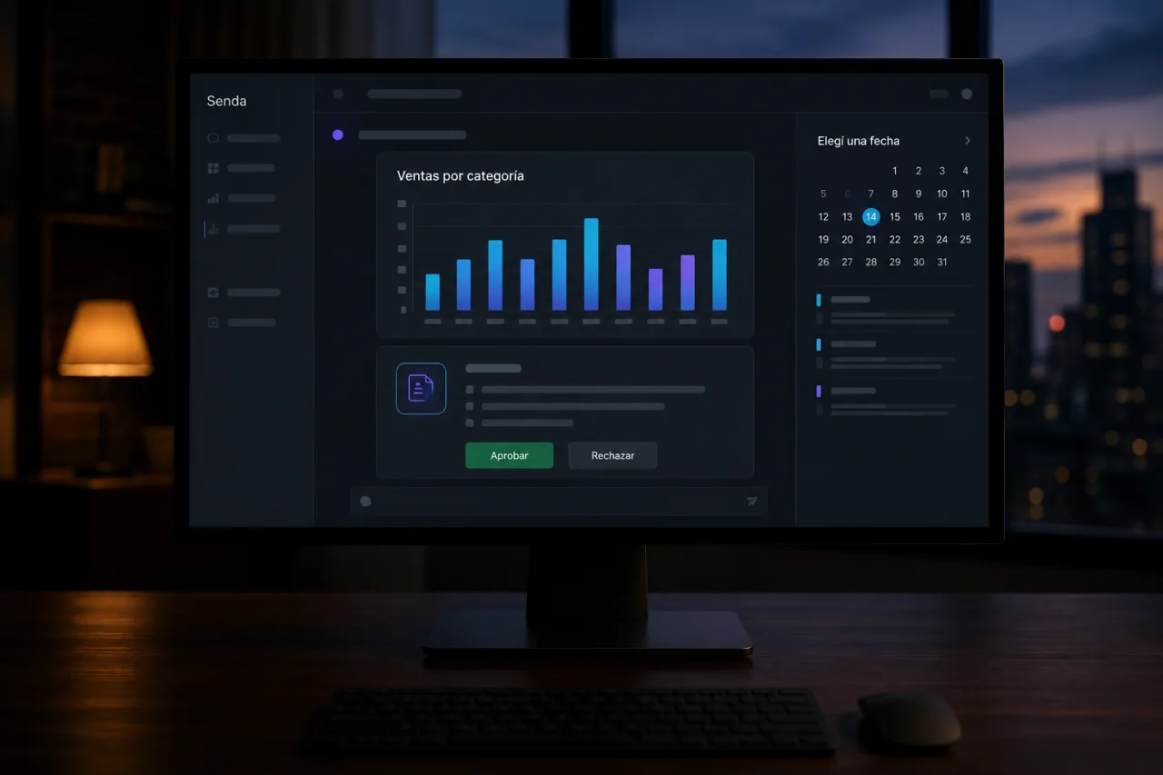 Senda chat replying with visual components: a sales-by-category chart, an approval card and a calendar